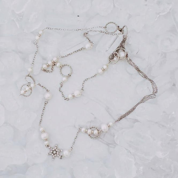 Long Snowflake & Pearls Necklace